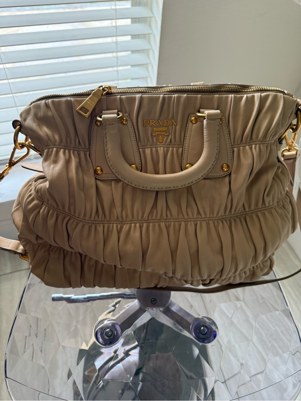 Prada Beige Ruched Leather Shoulder Bag with Gold Hardware